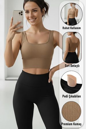 Spor Sütyeni Kalın Askılı Pedli Crop Yarım Atlet Ten Büstiyer