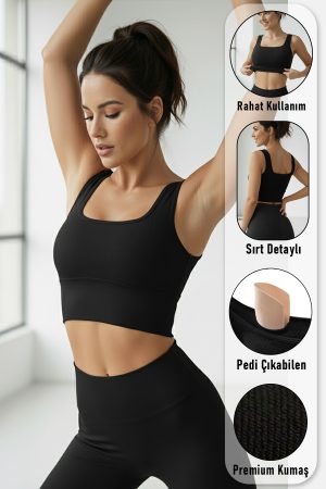 Spor Sütyeni Kalın Askılı Siyah Pedli Crop Yarım Atlet Büstiyer Shiba