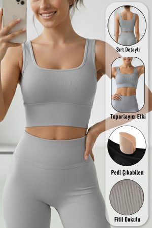 Pedli Spor Sütyeni Kalın Askılı Crop Gri Pamuklu Yarım Atlet Shiba